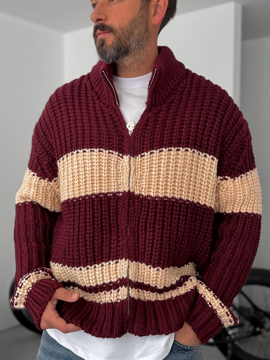 Striped Zipped Knitted Cardigan