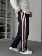 Navy Blue Buttoned Scuba Baggy Sweatpants JJ-144