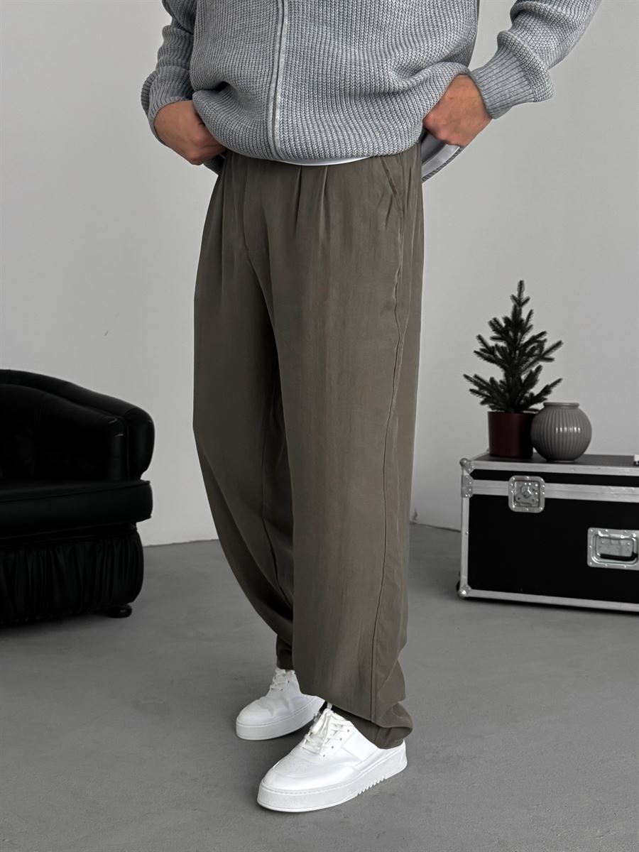 Khaki Pleated Tencel Fabric Baggy Pants KE-1300