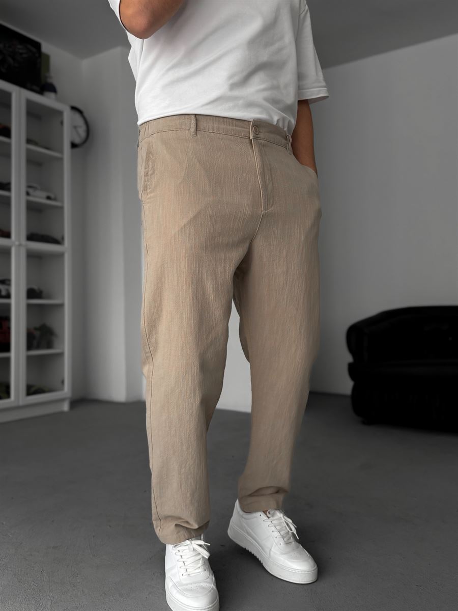 Beige Linen Textured Regular Fit Trousers TW-1009