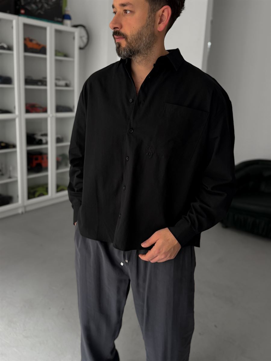 Black Pocket Embroidered Oversize Shirt TW-1054