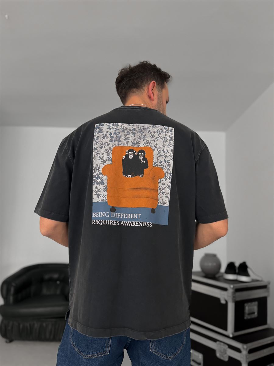 Black Washed Two Monkeys Print T-Shirt TW-1015