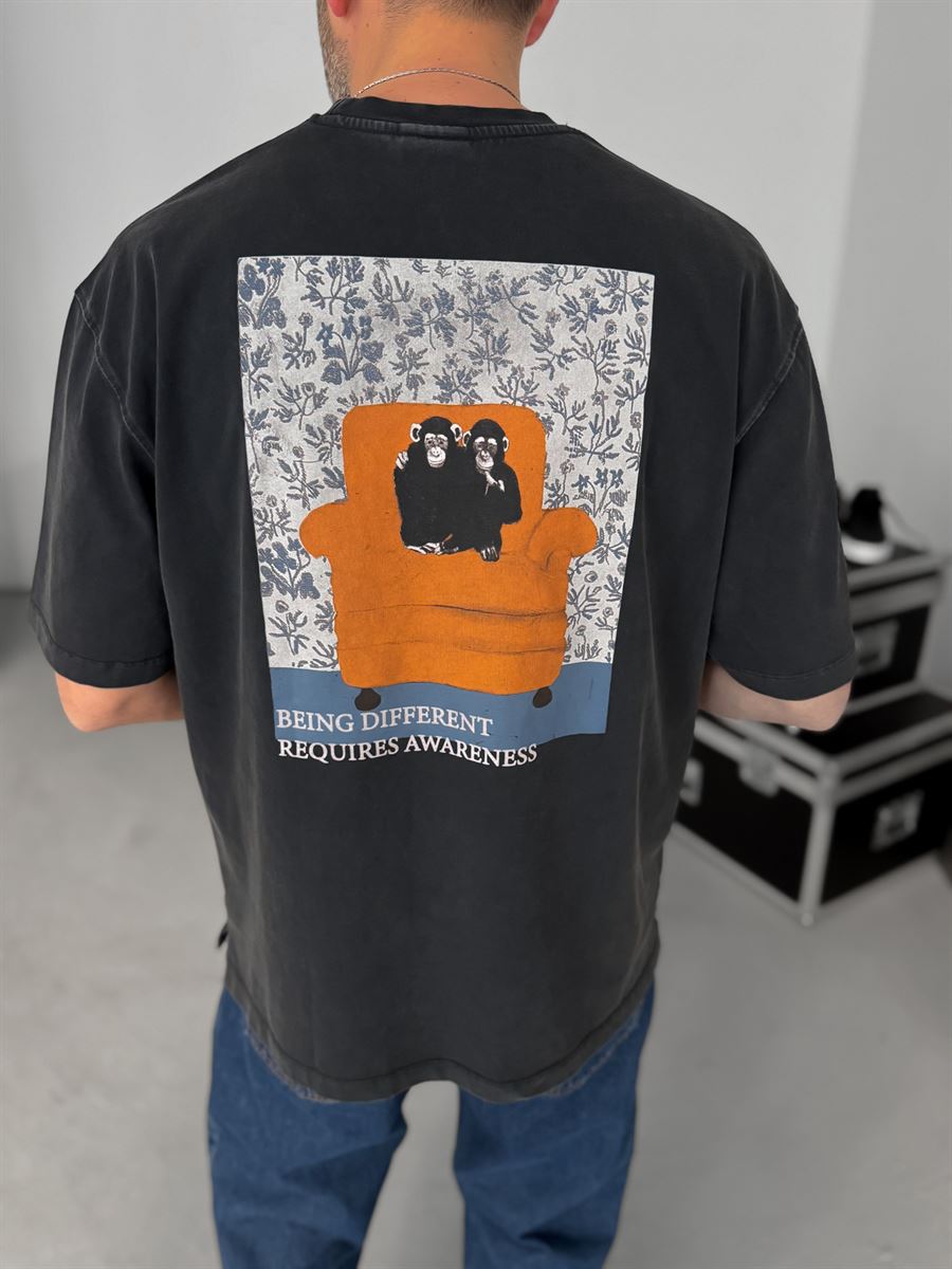 Black Washed Two Monkeys Print T-Shirt TW-1015