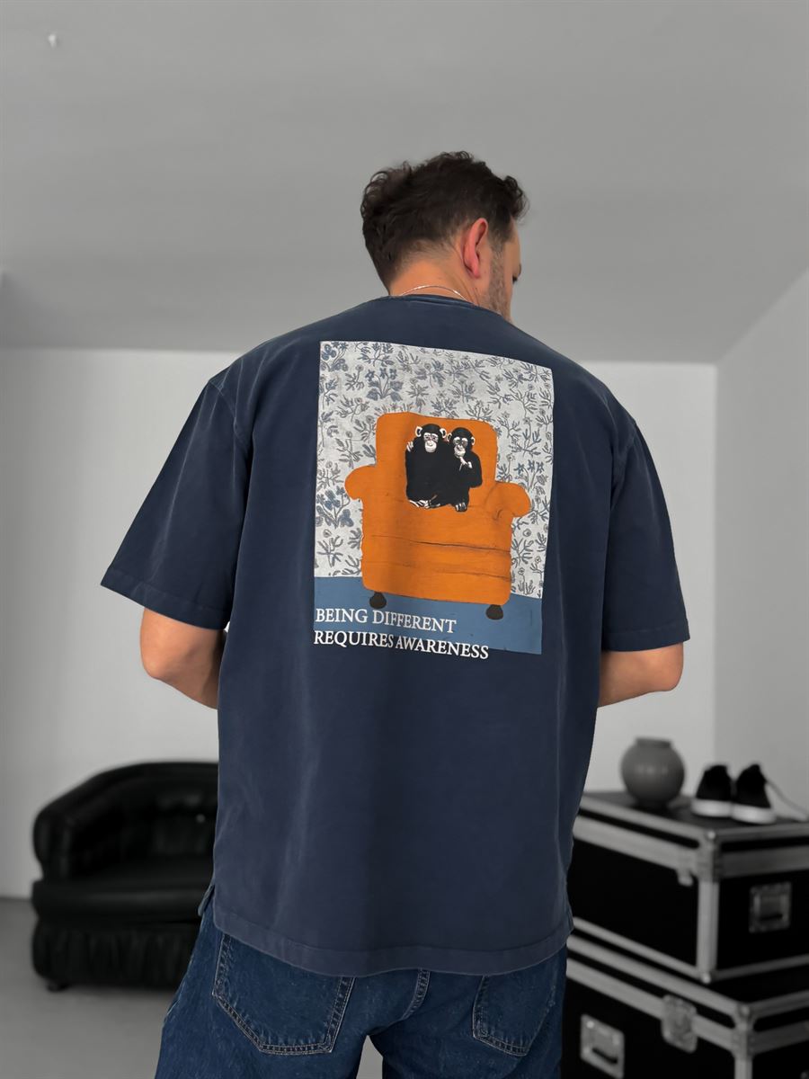 Navy Washed Two Monkeys Print T-Shirt TW-1015