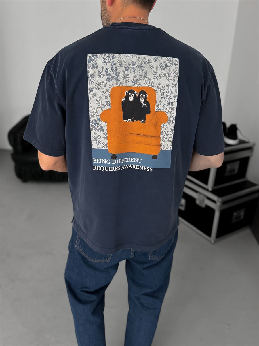Navy Washed Two Monkeys Print T-Shirt TW-1015