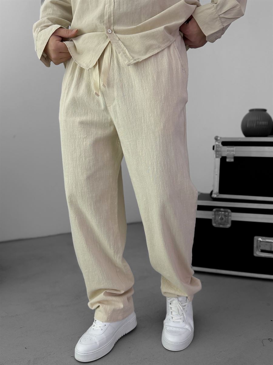 Beige Baggy Cotton Linen Trousers G-5790