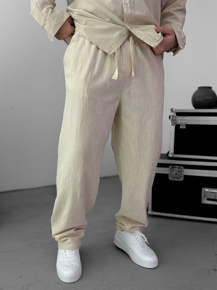 Beige Baggy Cotton Linen Trousers G-5790