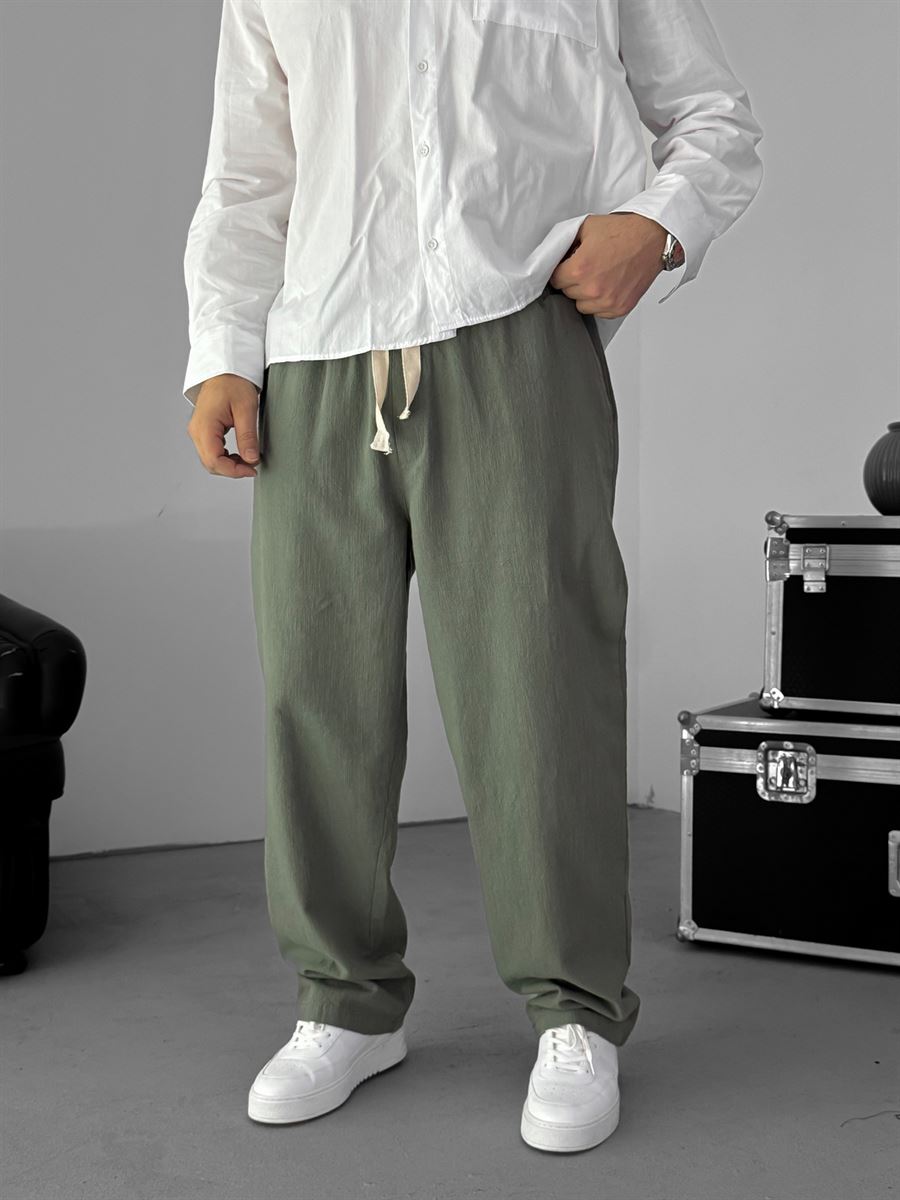Khaki Baggy Cotton Linen Trousers G-5790