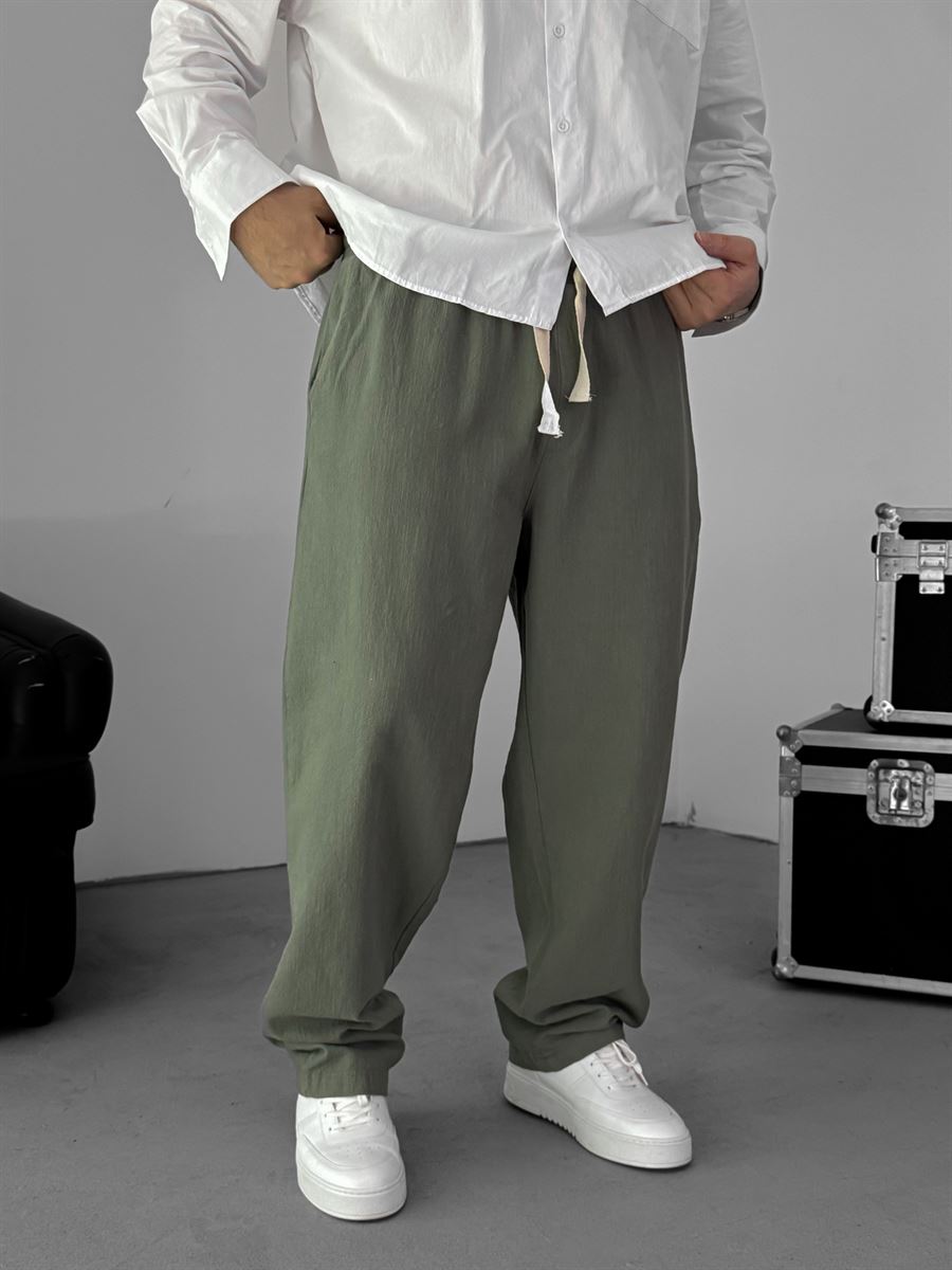Khaki Baggy Cotton Linen Trousers G-5790