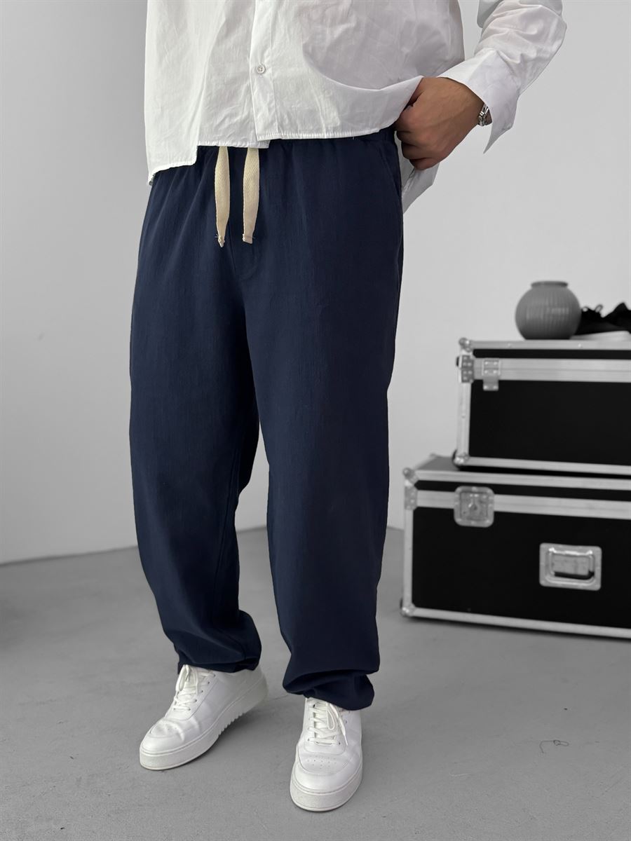 Navy Blue Baggy Cotton Linen Trousers G-5790