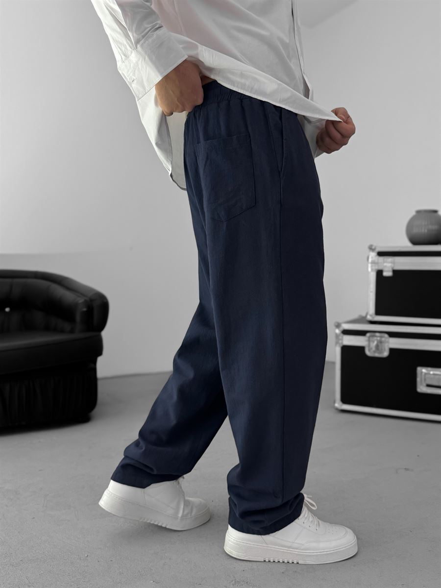 Navy Blue Baggy Cotton Linen Trousers G-5790