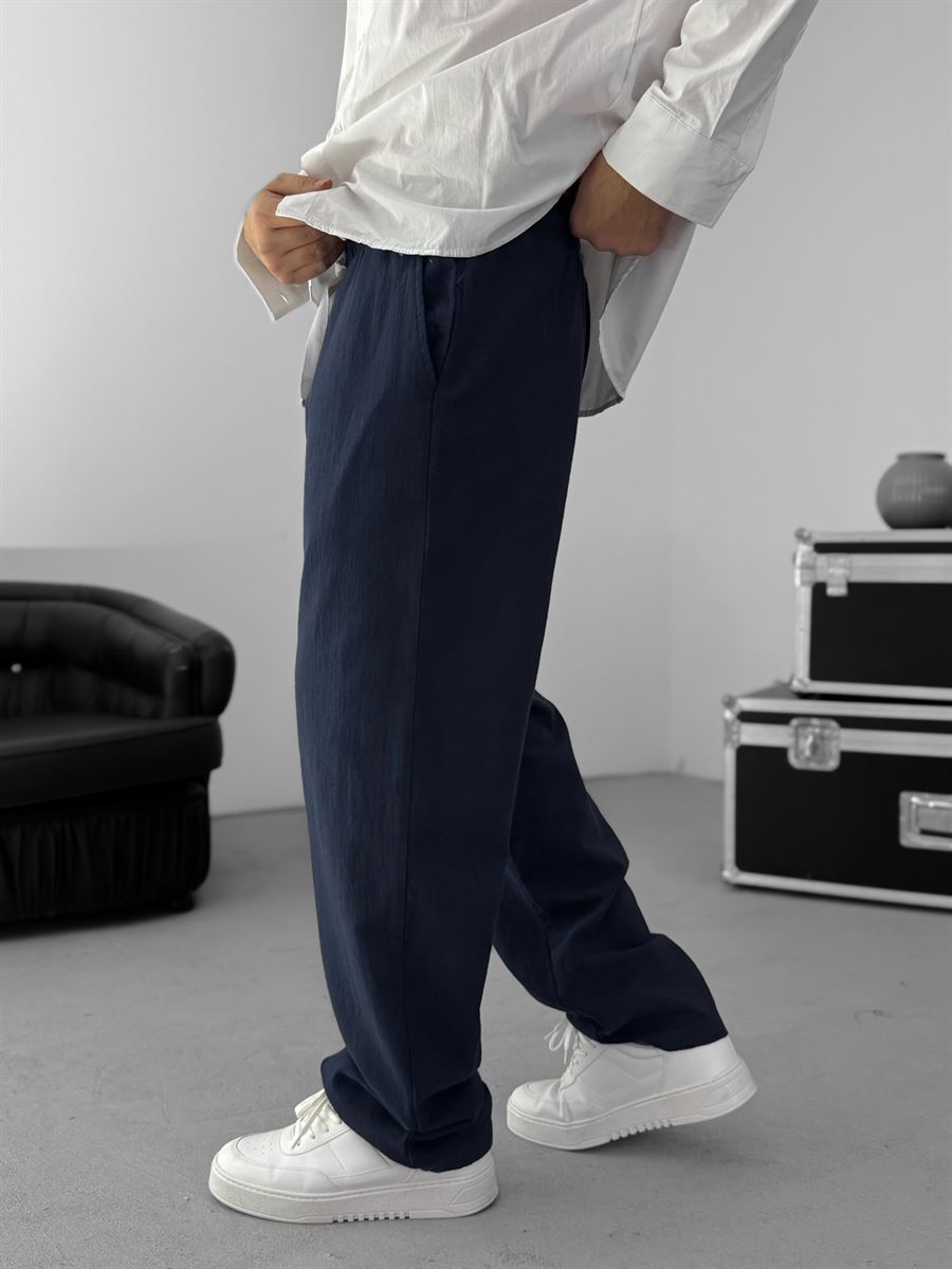 Navy Blue Baggy Cotton Linen Trousers G-5790
