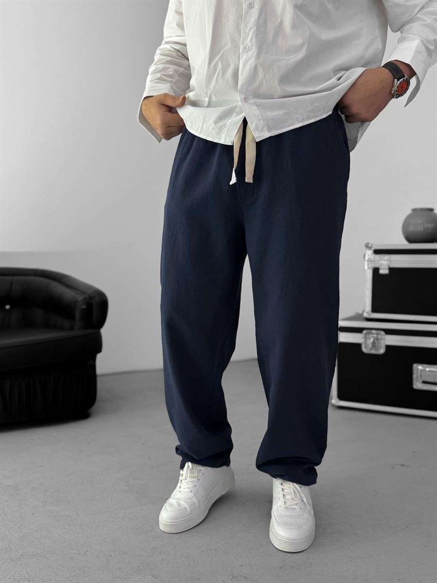 Navy Blue Baggy Cotton Linen Trousers G-5790