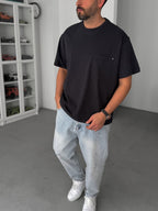 Black Oversize Washed T-Shirt with Pockets C-011