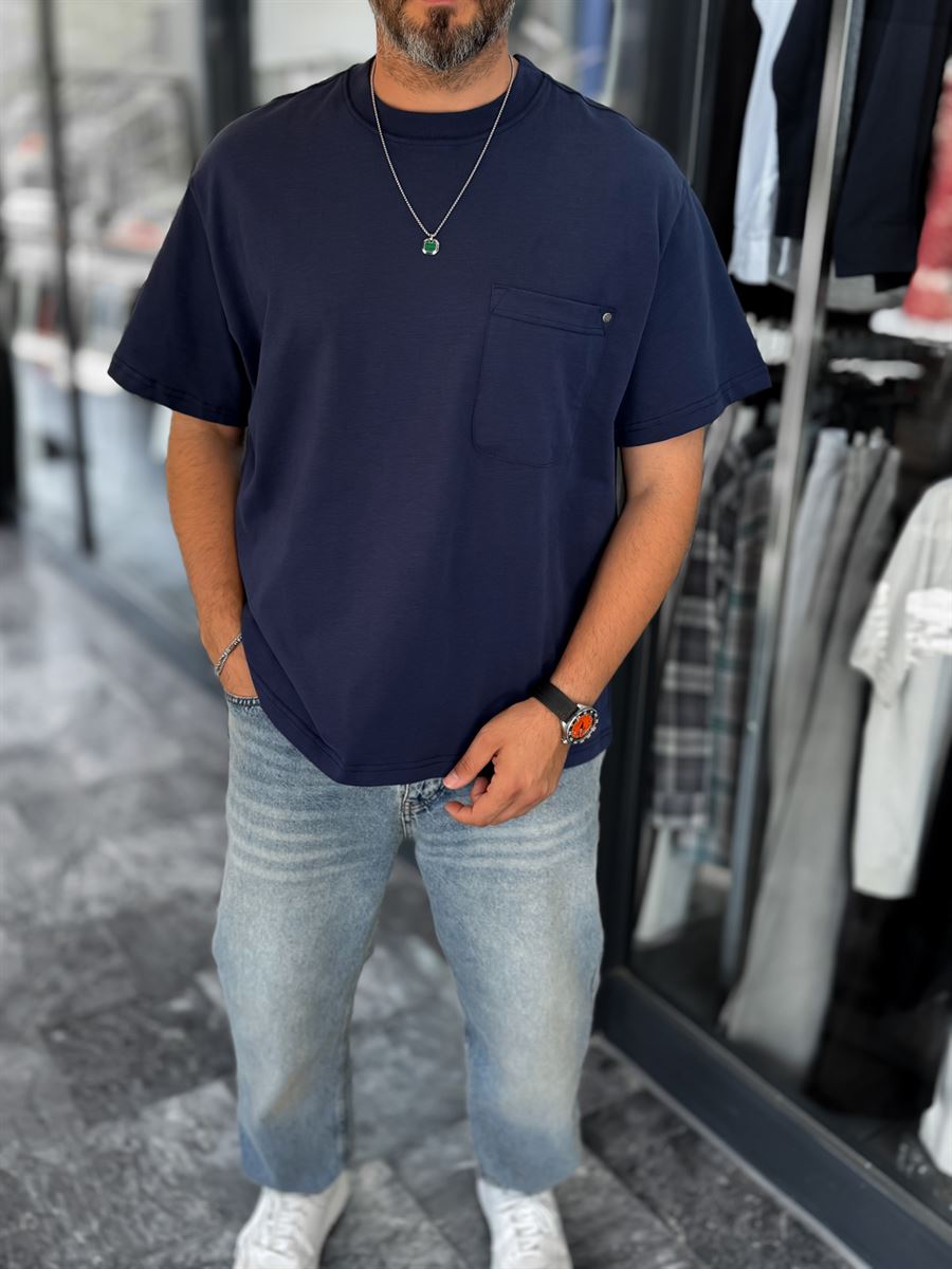Navy Blue Oversize Washed T-Shirt with Pockets C-011