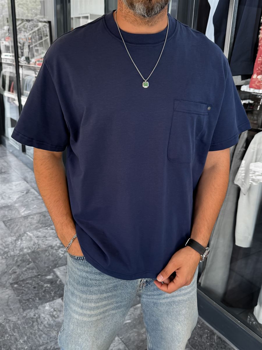 Navy Blue Oversize Washed T-Shirt with Pockets C-011