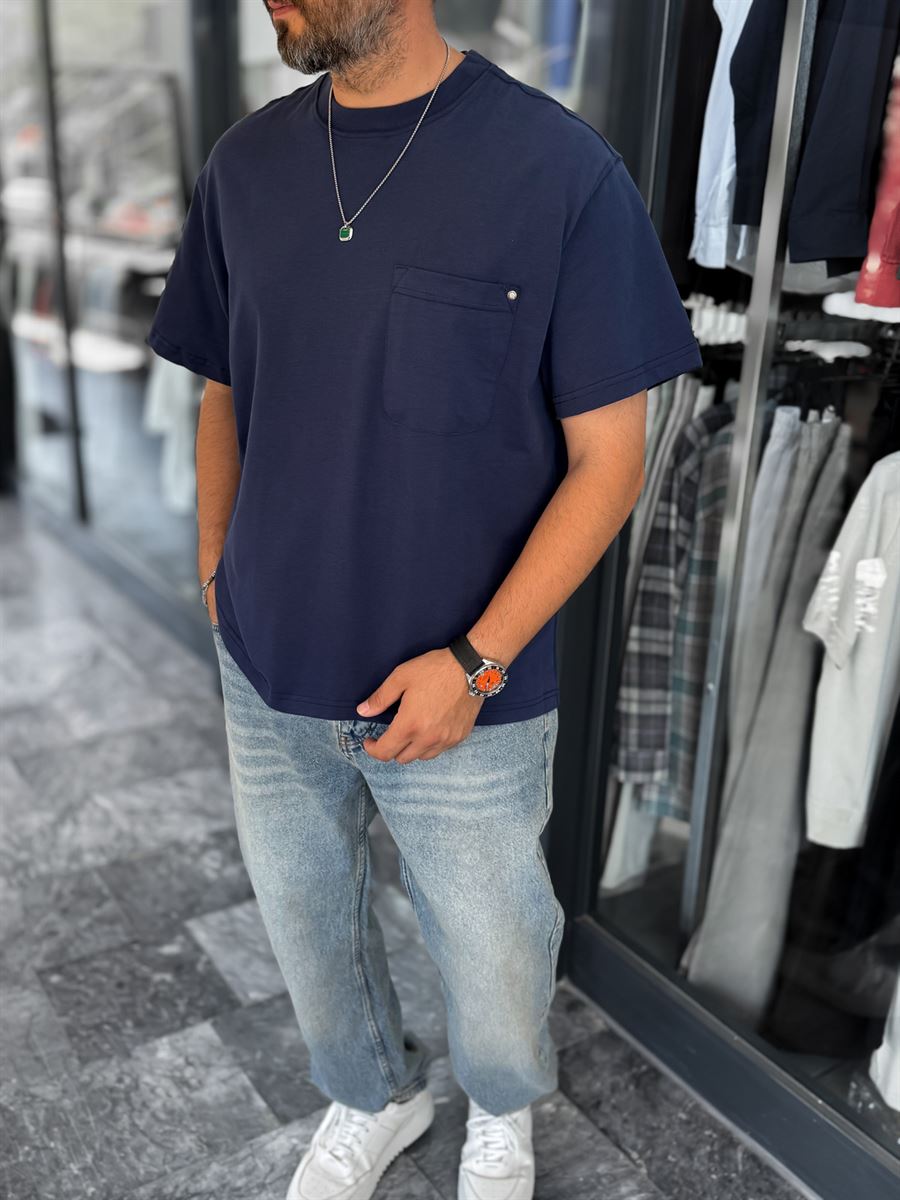 Navy Blue Oversize Washed T-Shirt with Pockets C-011