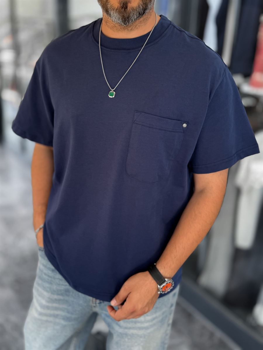 Navy Blue Oversize Washed T-Shirt with Pockets C-011