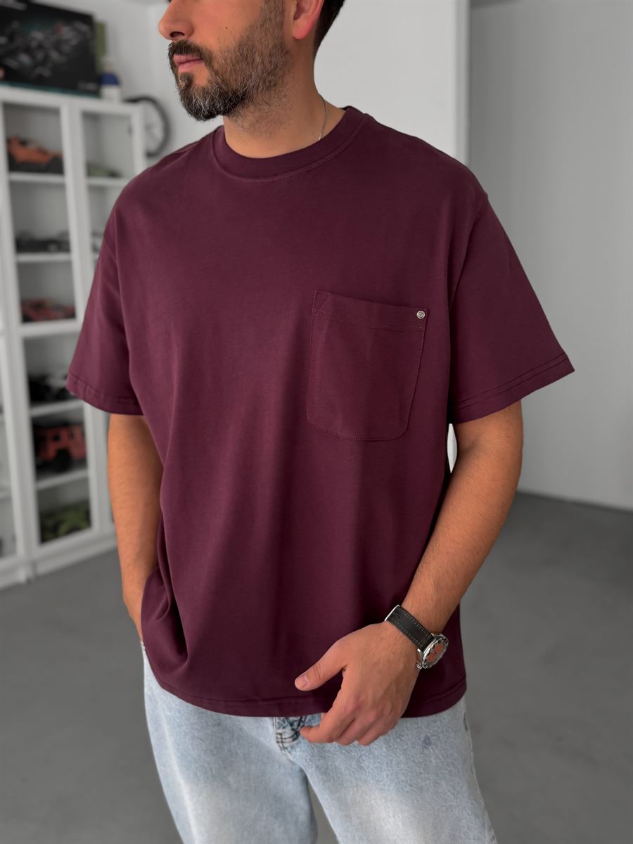 Burgundy Pocketed Washed Oversize T-Shirt C-011