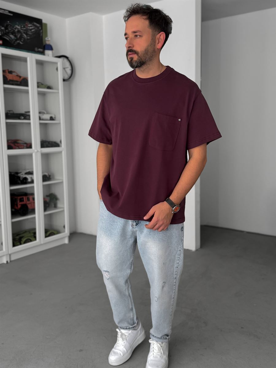 Burgundy Pocketed Washed Oversize T-Shirt C-011