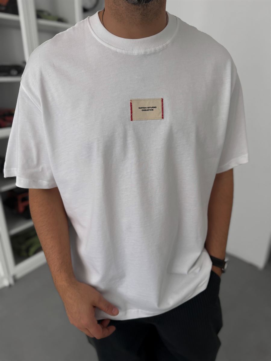 White Woven Patch Oversize T-Shirt C-023