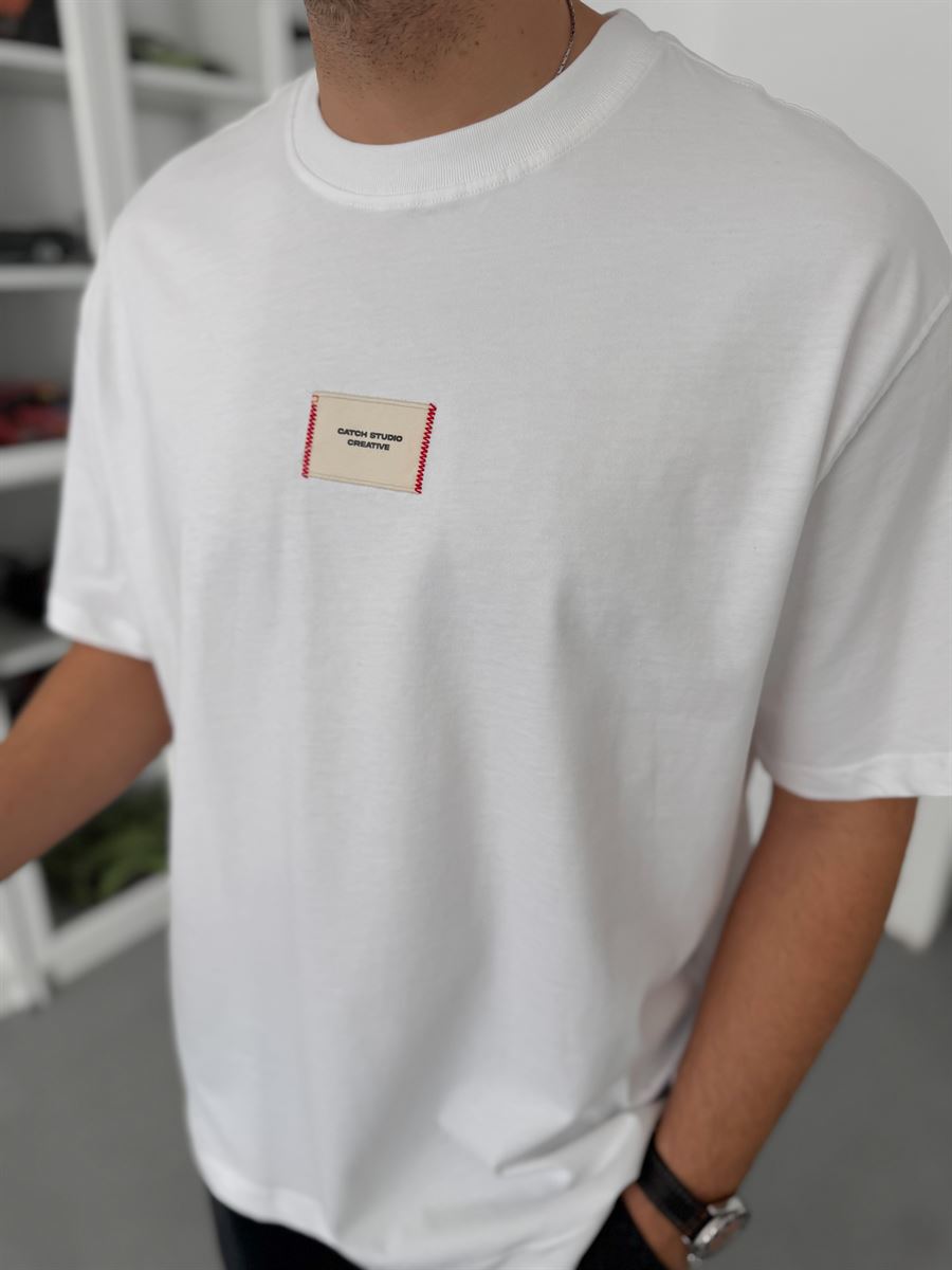 White Woven Patch Oversize T-Shirt C-023
