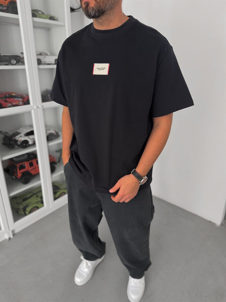 Black Woven Patch Oversize T-Shirt C-023