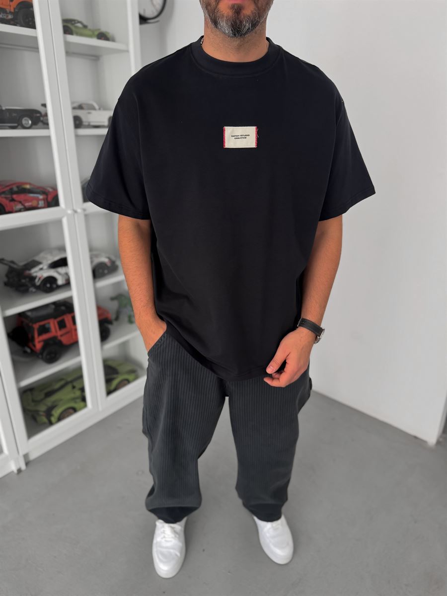 Black Woven Patch Oversize T-Shirt C-023