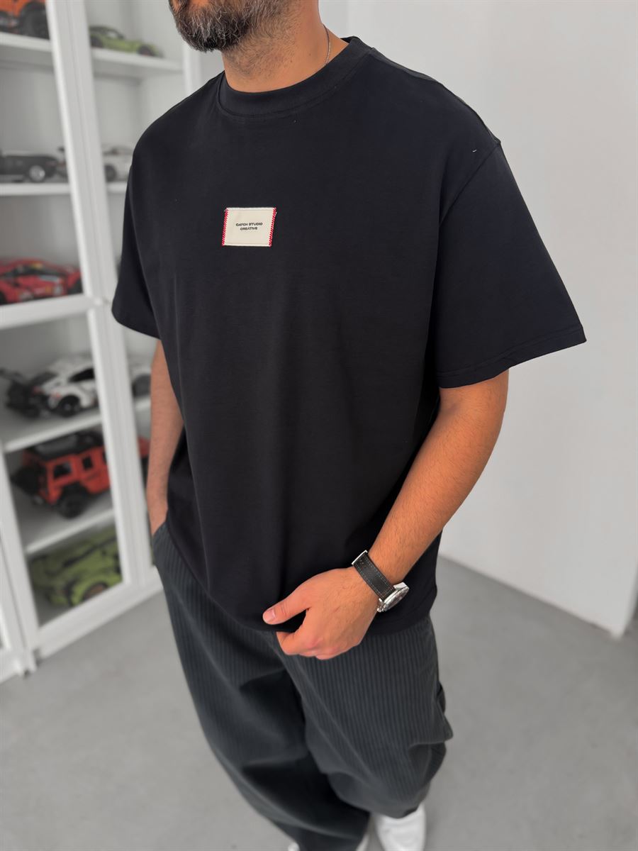 Black Woven Patch Oversize T-Shirt C-023
