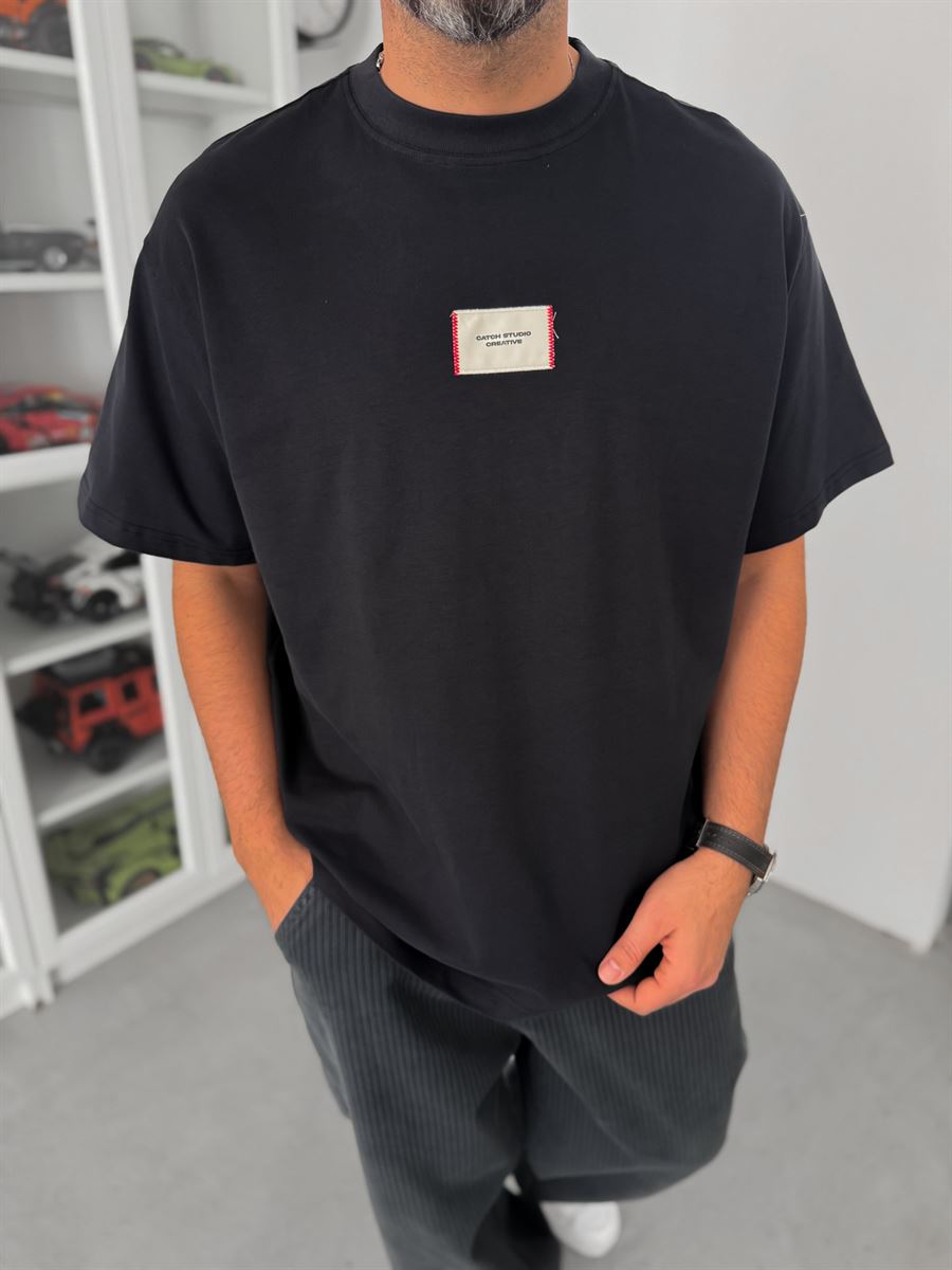Black Woven Patch Oversize T-Shirt C-023