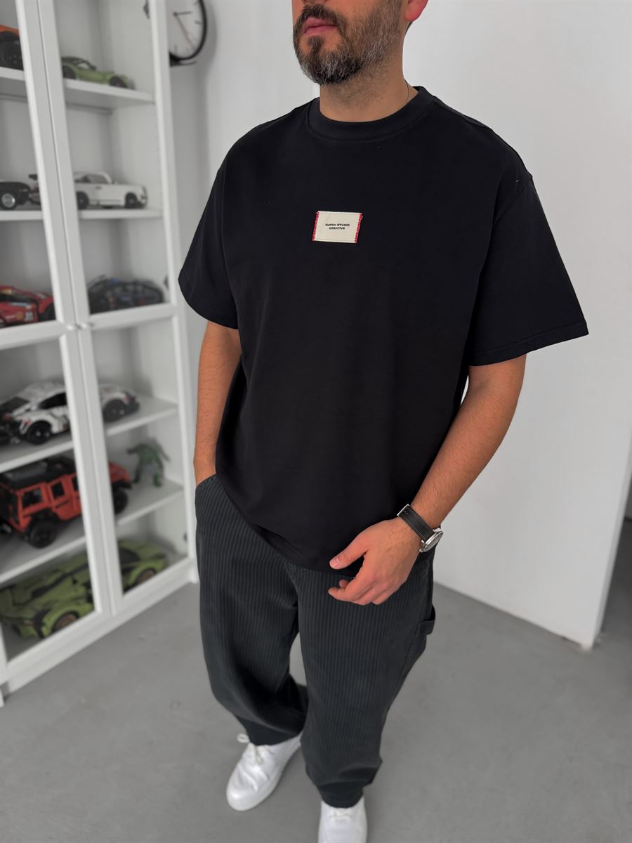 Black Woven Patch Oversize T-Shirt C-023