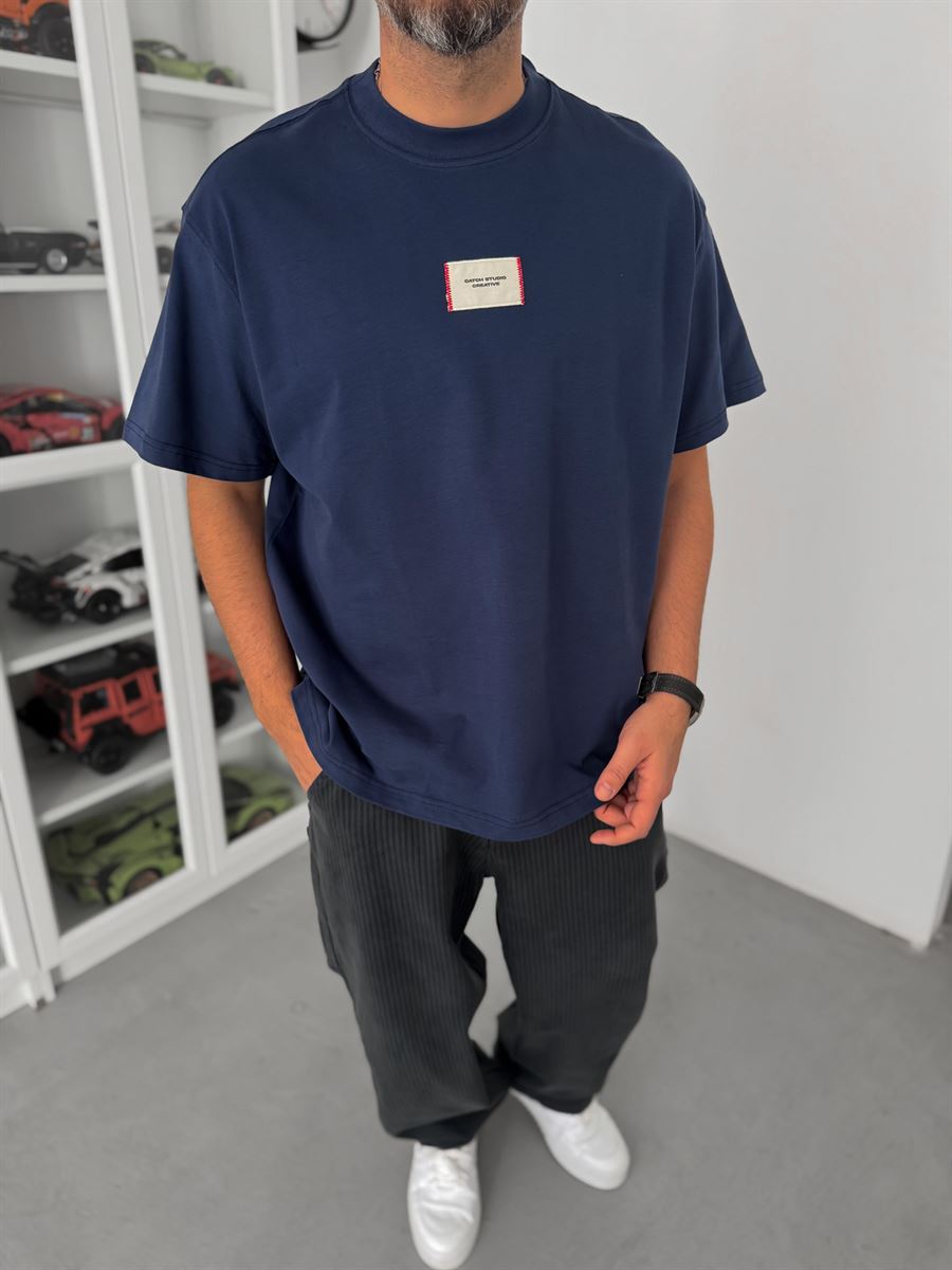 Navy Blue Woven Patch Oversize T-Shirt C-023