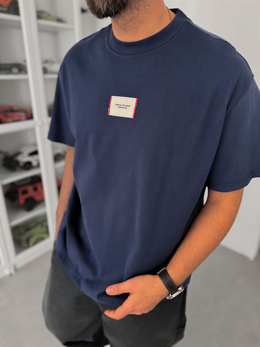 Navy Blue Woven Patch Oversize T-Shirt C-023