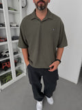 Khaki Embroidered Waffle Polo Collar T-Shirt C-029