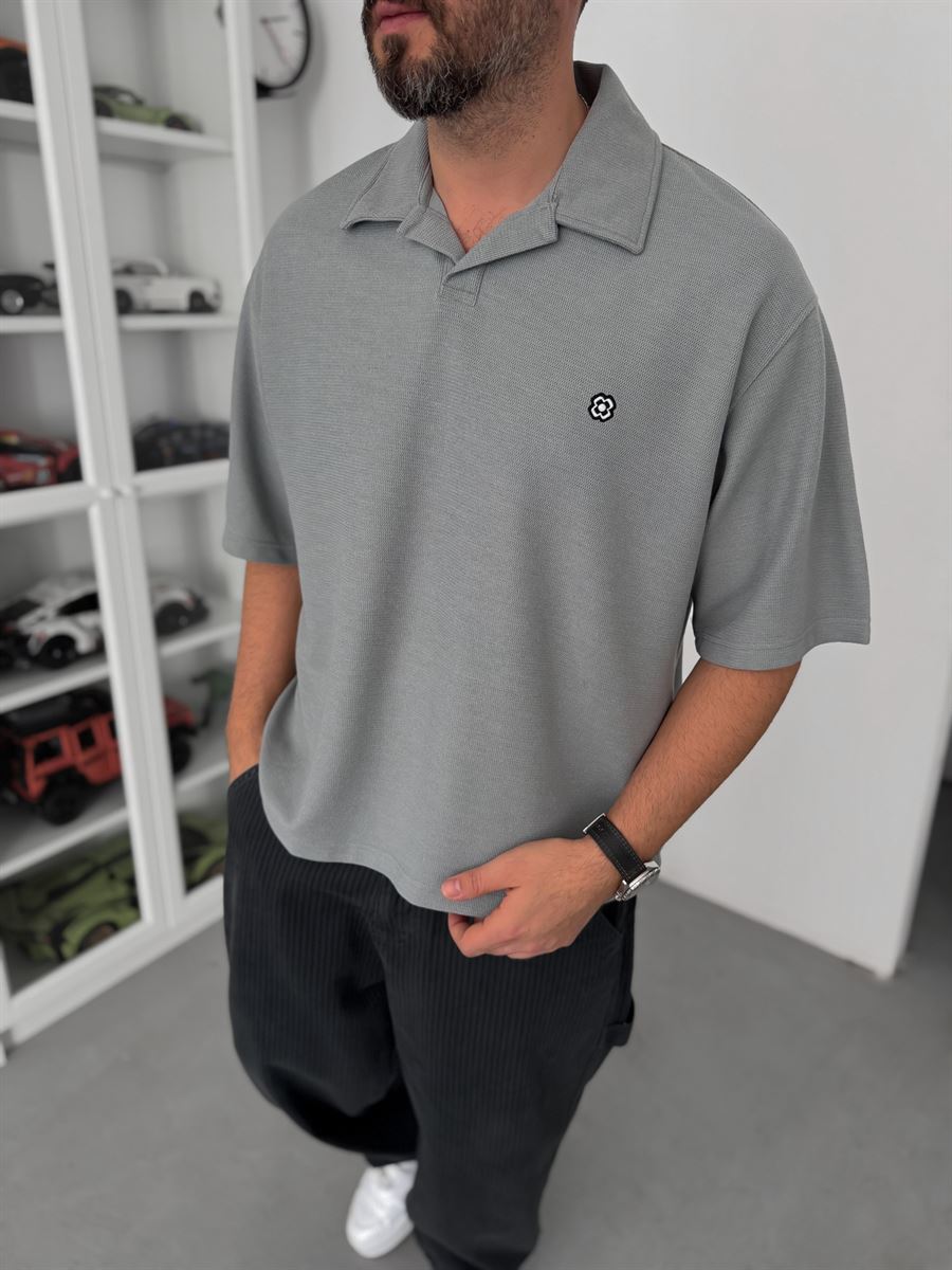 Grey Embroidered Waffle Polo Collar T-Shirt C-029