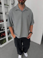 Grey Embroidered Waffle Polo Collar T-Shirt C-029
