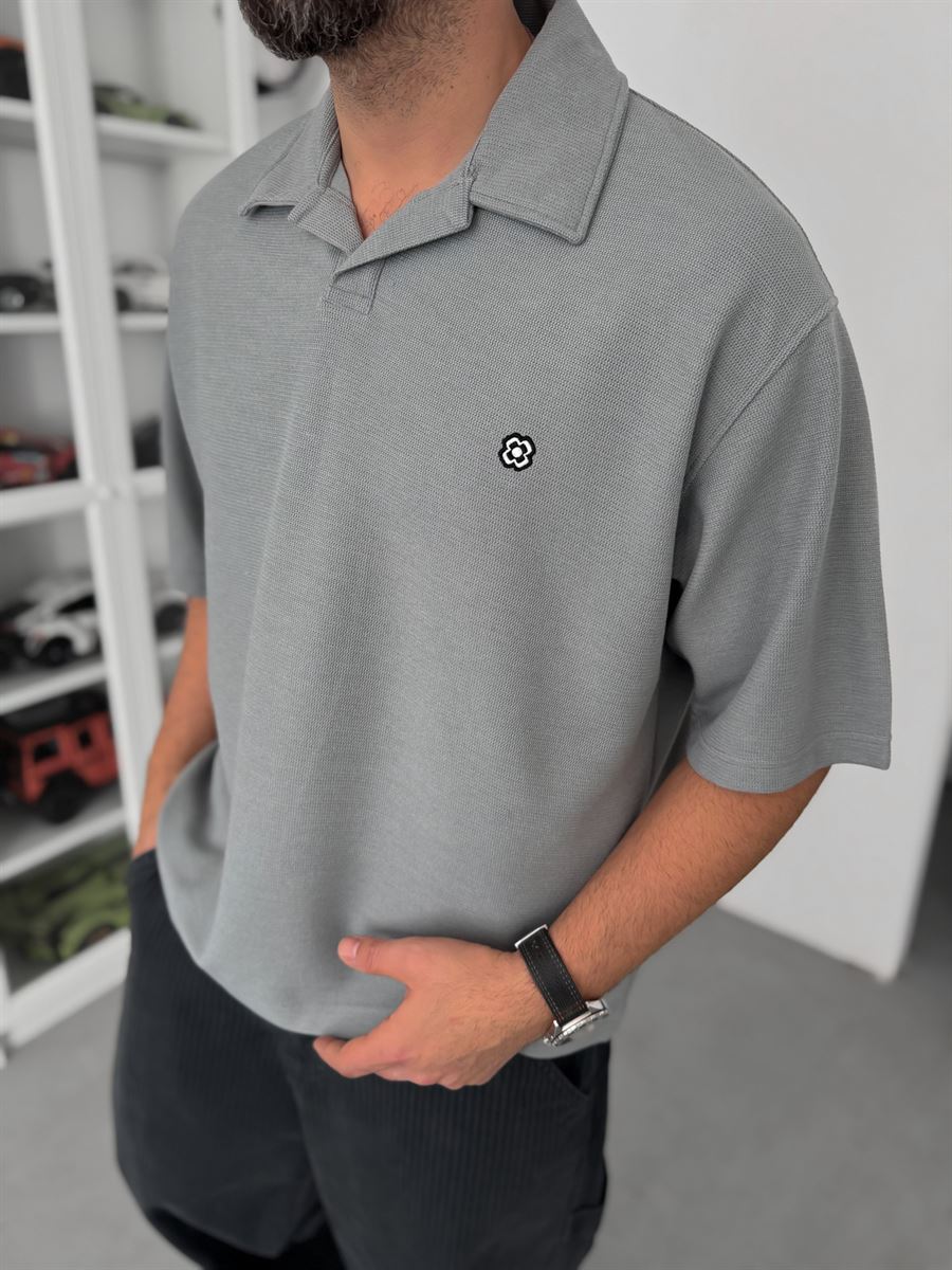 Grey Embroidered Waffle Polo Collar T-Shirt C-029