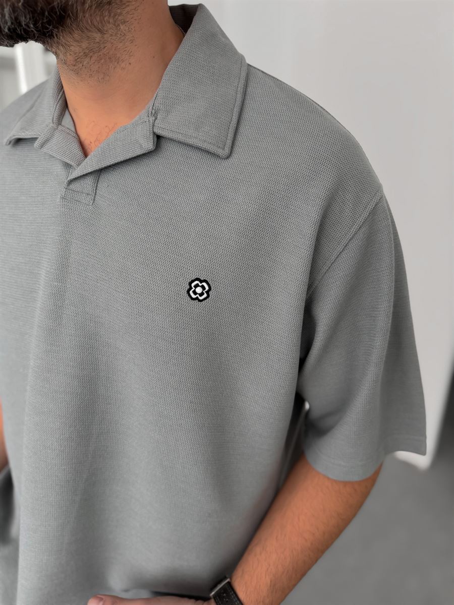Grey Embroidered Waffle Polo Collar T-Shirt C-029