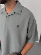Grey Embroidered Waffle Polo Collar T-Shirt C-029