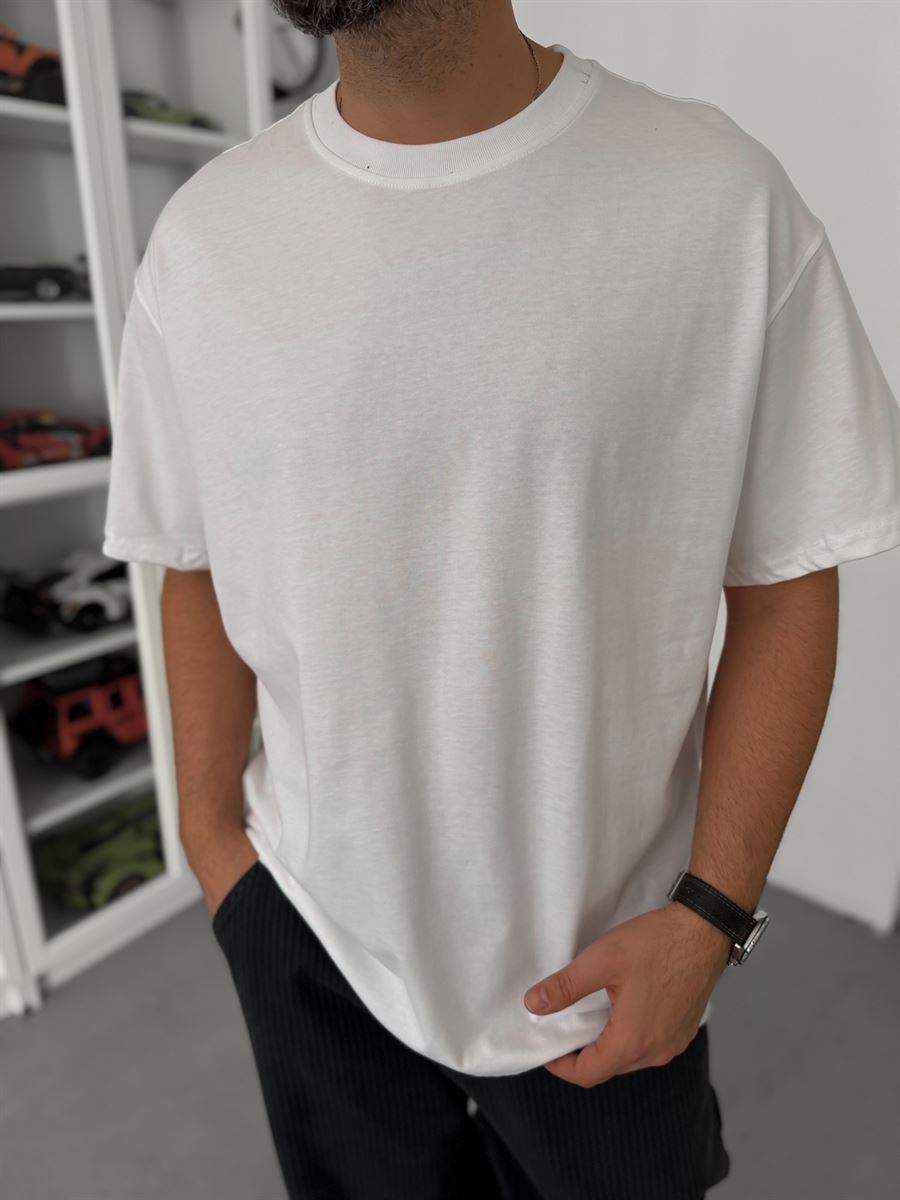 White Basic Oversize T-Shirt with Slit C-007