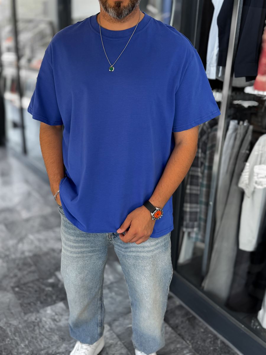 Blue Slit Basic Oversize T-Shirt C-007