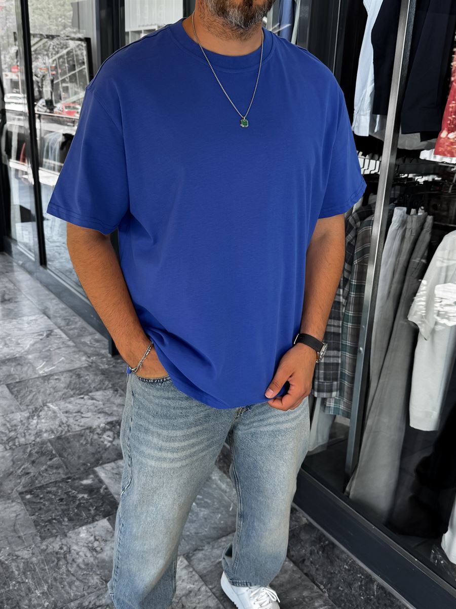 Blue Slit Basic Oversize T-Shirt C-007