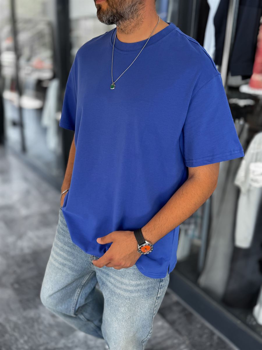 Blue Slit Basic Oversize T-Shirt C-007
