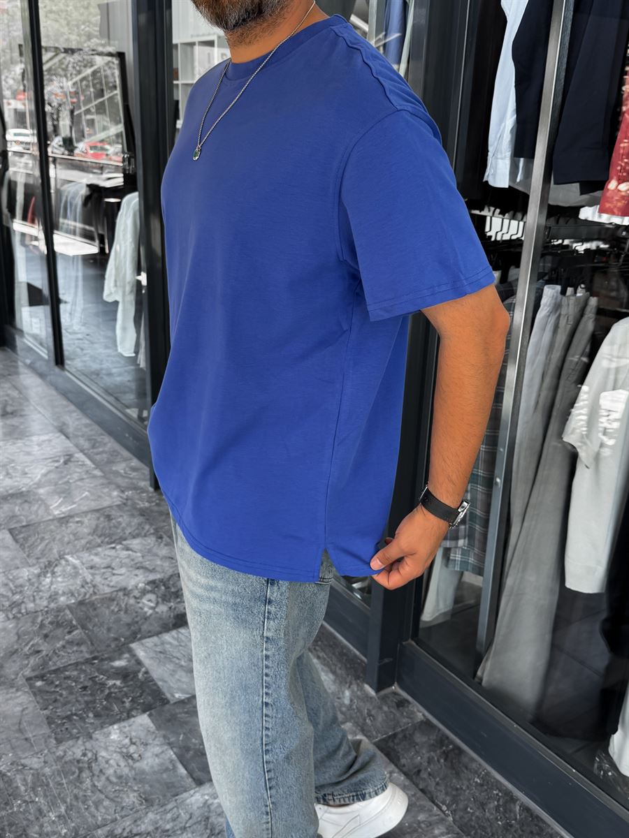 Blue Slit Basic Oversize T-Shirt C-007