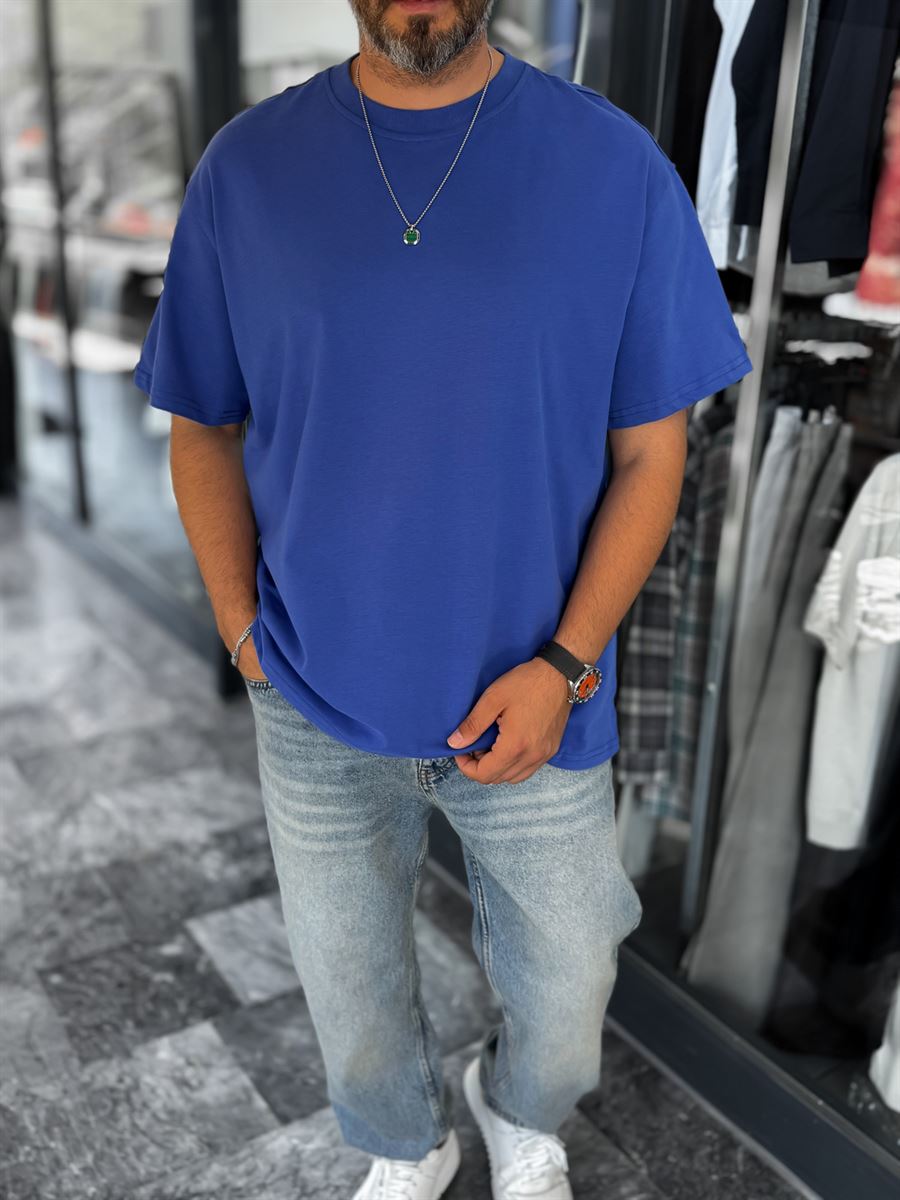 Blue Slit Basic Oversize T-Shirt C-007