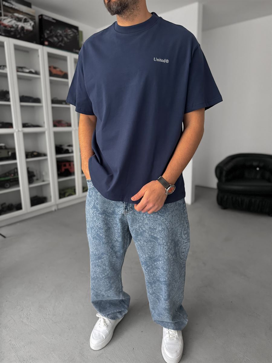Navy Blue United Print Oversize T-Shirt C-009