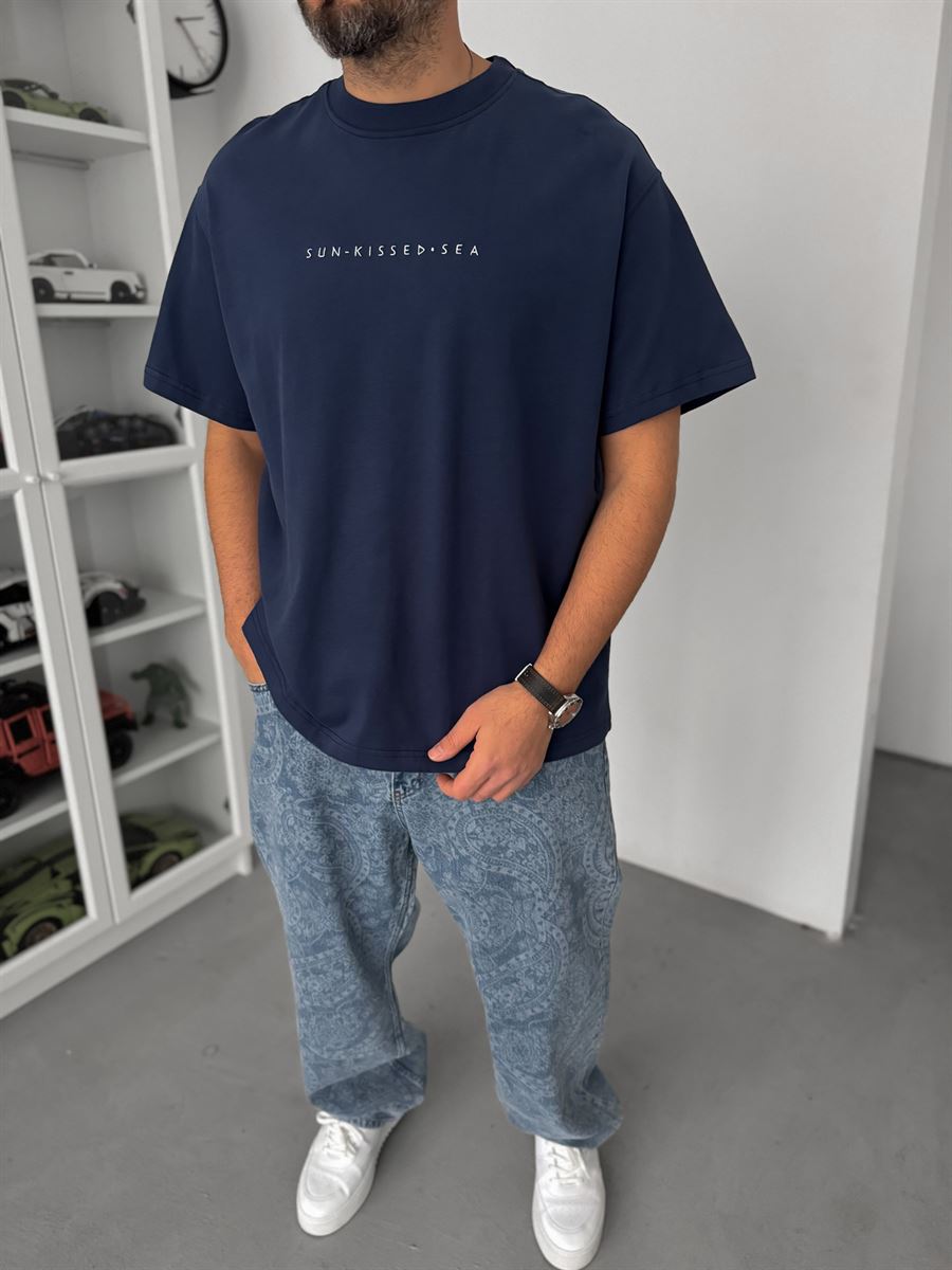 Navy Blue Sea Embroidered Oversize T-Shirt C-03