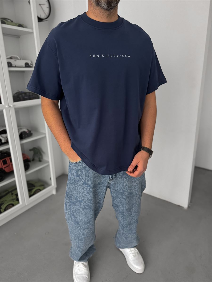 Navy Blue Sea Embroidered Oversize T-Shirt C-03