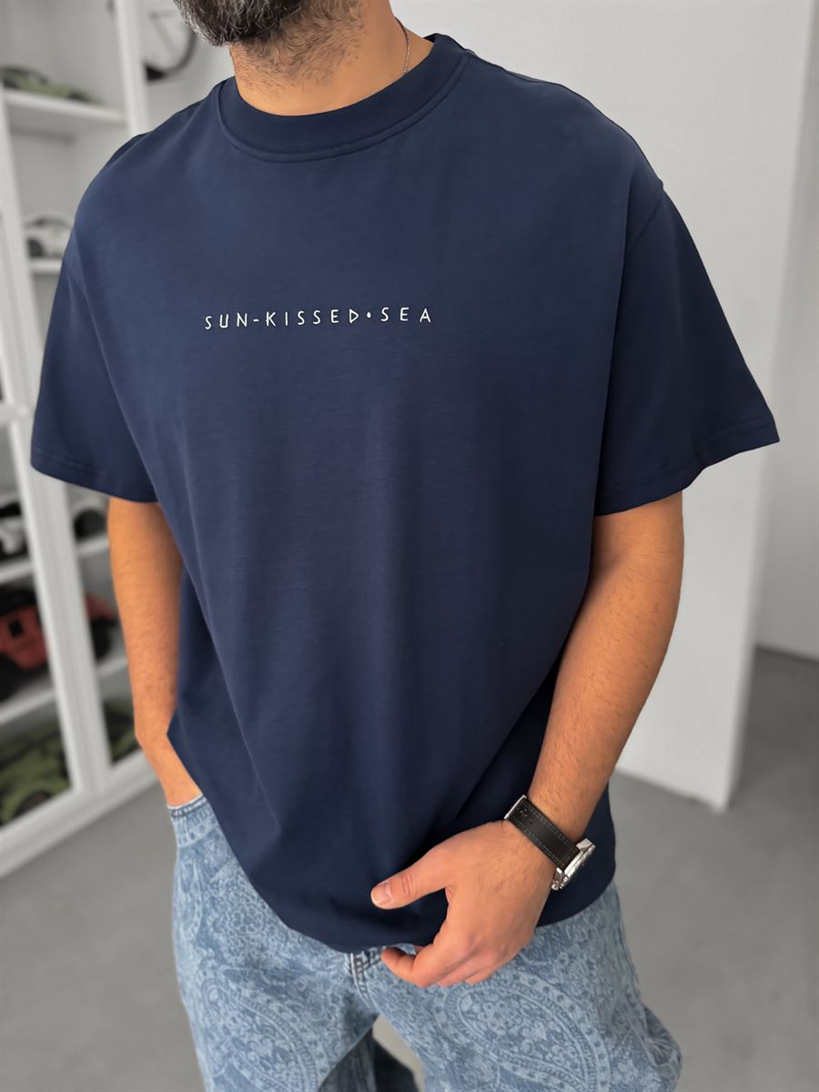 Navy Blue Sea Embroidered Oversize T-Shirt C-03