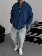 Petrol Blue Knitted Striped Oversize Shirt JJ-242